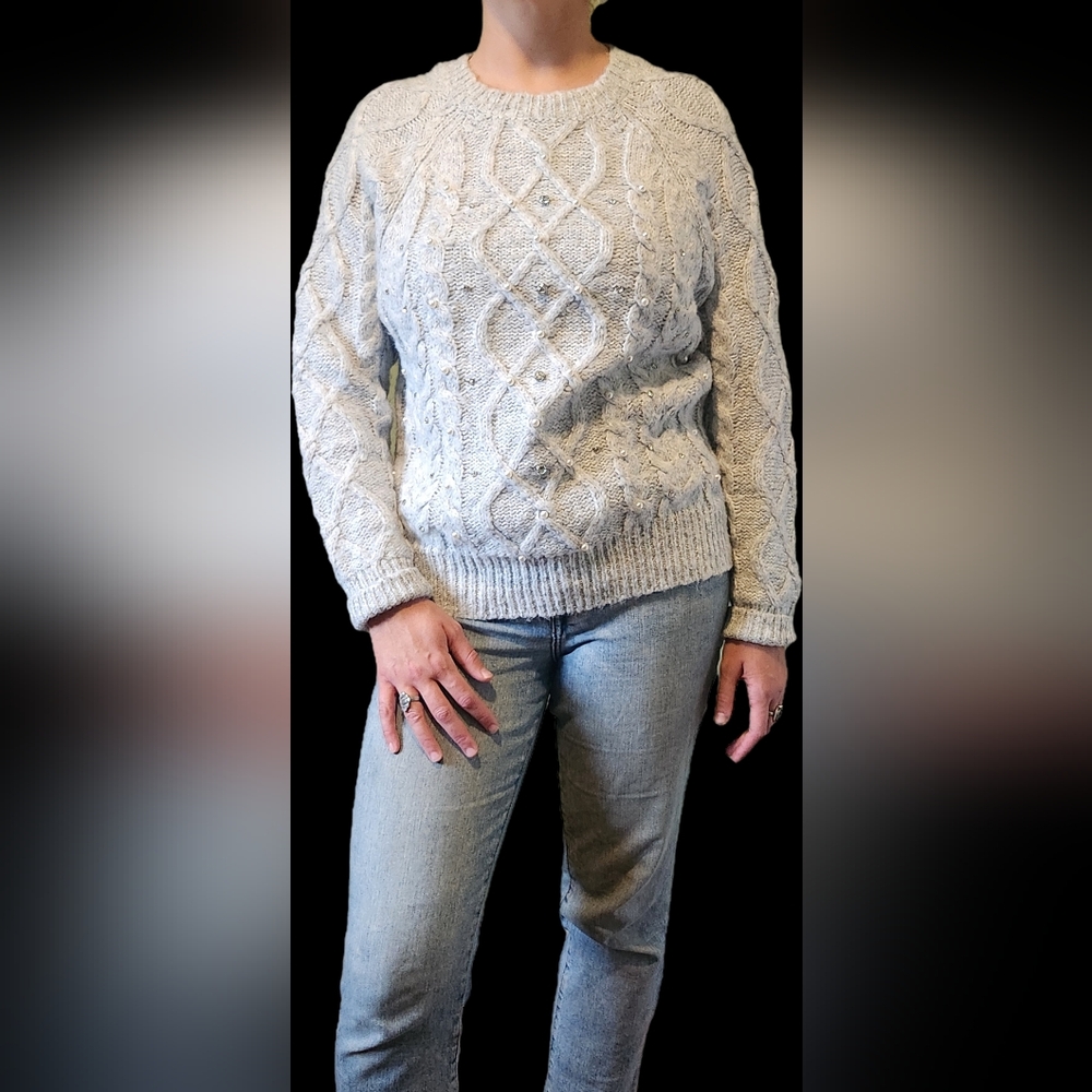 Primark Light Gray Cable Knit Sweater With Rinestones